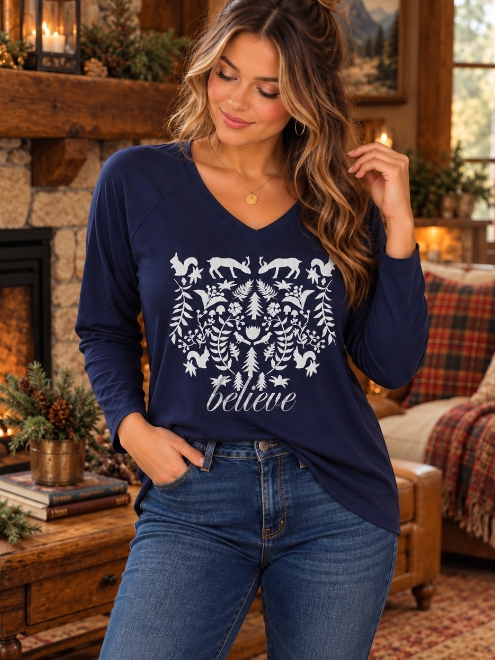 St. John’s Bay M Navy Woodland Believe Graphic Long Sleeve V Neck Top Christmas